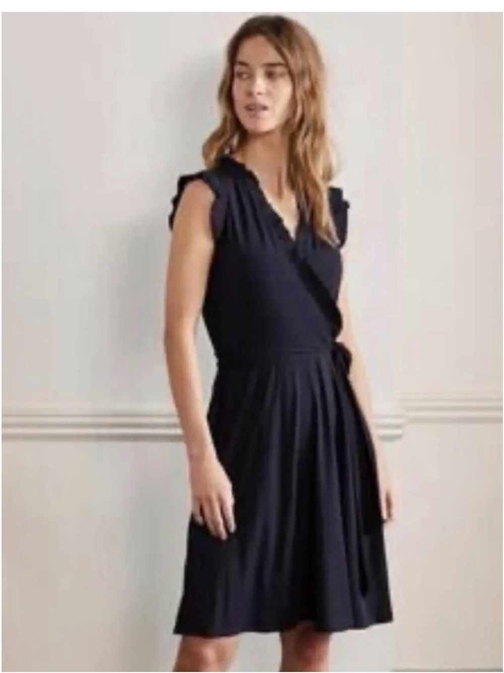 Boden Navy V‑Neck Faux Wrap Midi Dress